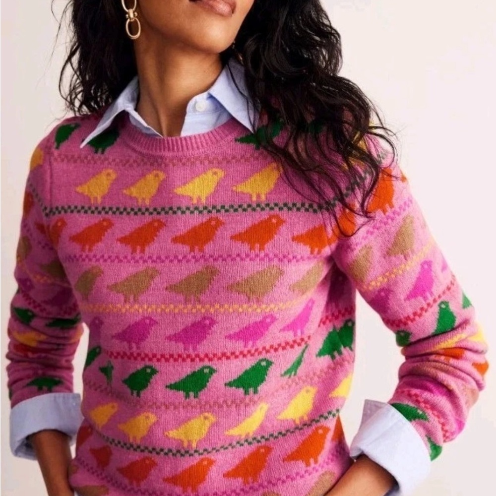 Boden Wool Blend Pink Bird Print Cute Women Sweater XS